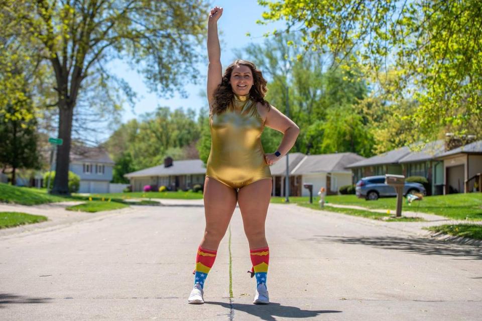 Elisabeth Wykert, a comedian, wife and mother of two from St. Joseph, has become a TikTok star through dance videos she began posting during the pandemic. The viral star is known for dancing in public in leotards, particularly this gold one. Fans call her the Golden Unicorn.