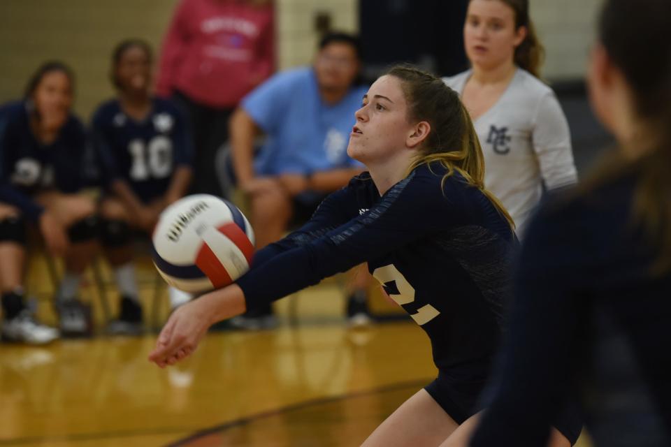 Sofia Mattingly, #2, of Morris Catholic receives the ball against Morris Tech in Morris County Tournament volleyball at Morris Catholic on October 4, 2021, in Denville.Morris Catholic beat Morris Tech in 3 sets (25-18, 22-25, 25-22).