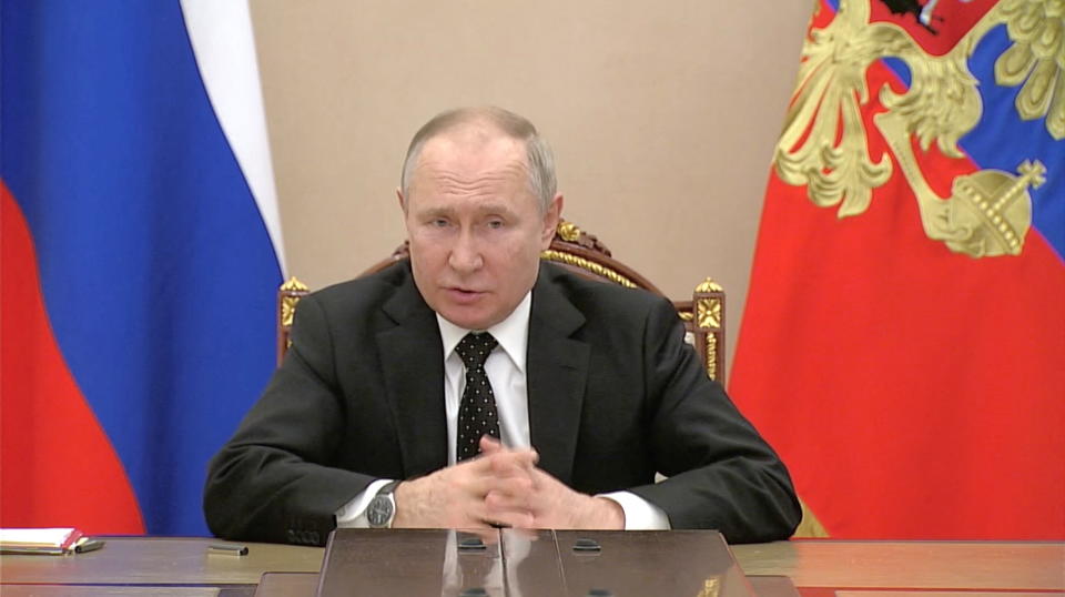 Russian President Vladimir Putin speaks about putting nuclear deterrence forces on high alert, in this still image obtained from a video, in Moscow, Russia, February 27, 2022. Russian Pool/Reuters TV via REUTERS  ATTENTION EDITORS - THIS IMAGE WAS PROVIDED BY A THIRD PARTY