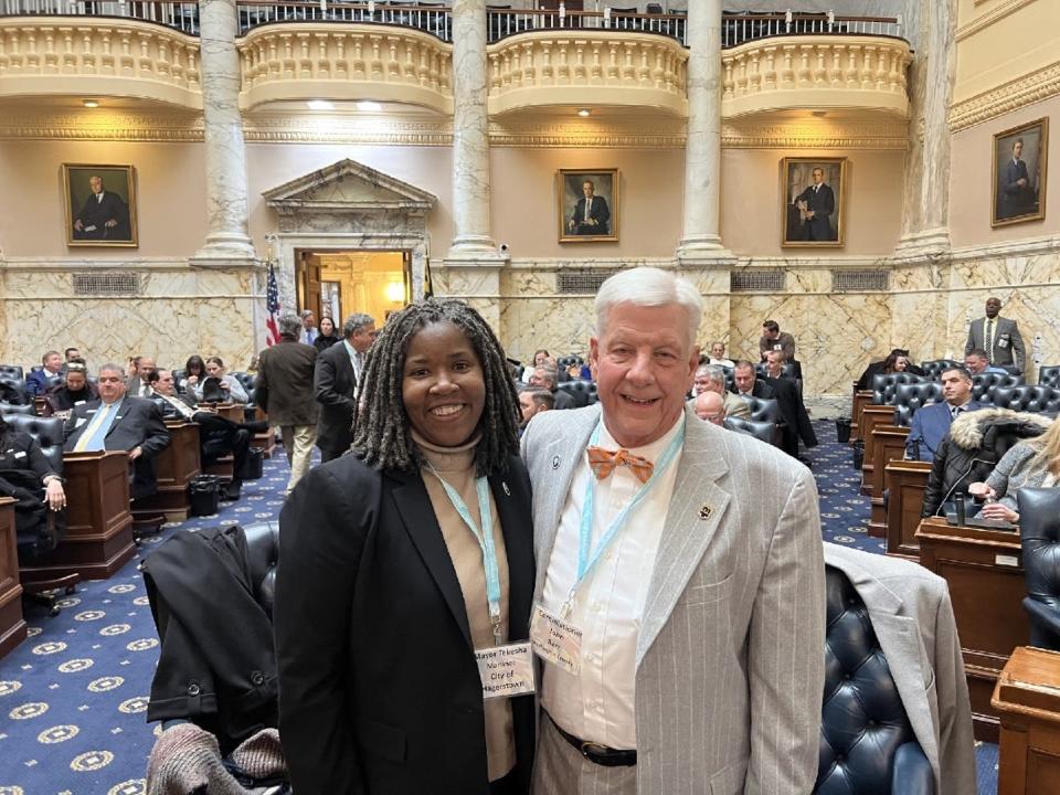 At left, Hagerstown Mayor Tekesha Martinez, a Democrat, and at right, Washington County Commission President John Barr, a Republican, stand on the House of Delegates floor in Annapolis on Jan. 23, 2024, the Washington County Day in Annapolis.