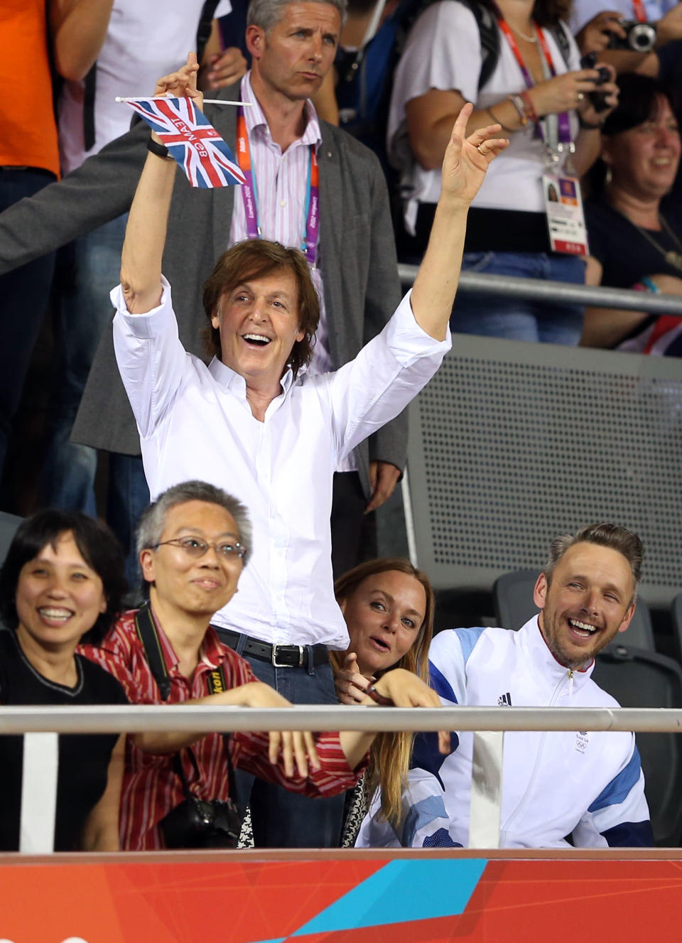 Sir Paul McCartney, Stella McCartney and Alasdhair Willis attend the Women's Team Pursuit Track Cycling Finals on Day 8 of the London 2012 Olympic Games at Velodrome on August 4, 2012 in London, England. (Photo by Quinn Rooney/Getty Images)