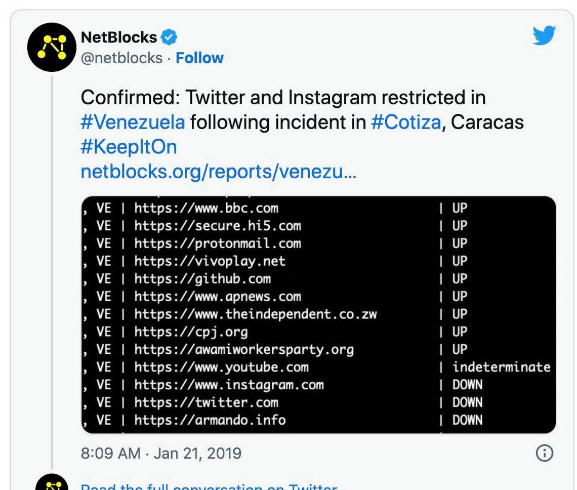 In 2019, NetBlocks a non-partisan internet observatory found technical evidence of restricted access to Twitter and Instagram in Venezuela, amid reports of a military command dispute in Caracas.