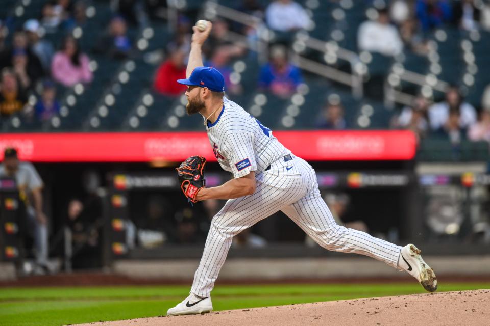 New York Mets pitcher Adrian Houser pitches during the first inning against the Pittsburgh Pirates on April 15, 2024, at Citi Field.