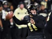 Oct 20, 2018; West Lafayette, IN, USA; Purdue Boilermakers quarterback David Blough (11) drops back to pass in the first half against the Ohio State Buckeyes at Ross-Ade Stadium. Mandatory Credit: Thomas J. Russo-USA TODAY Sports