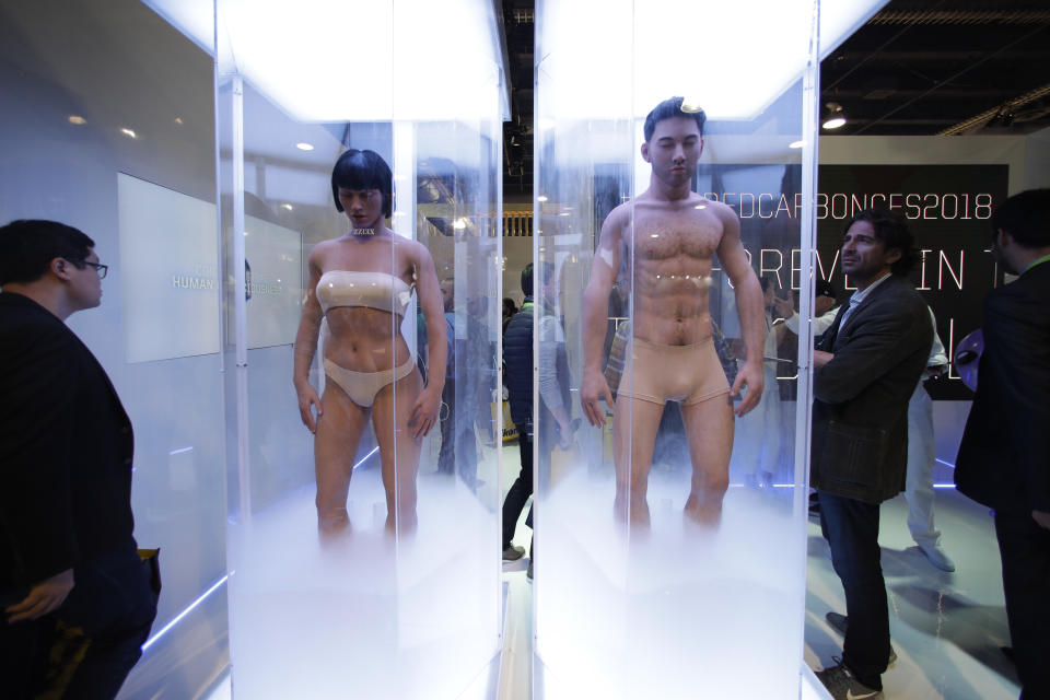 Human sleeves are on display to promote Netflix’s sci-fi series “Altered Carbon” at CES International Tuesday, Jan. 9, 2018, in Las Vegas. (AP Photo/Jae C. Hong)