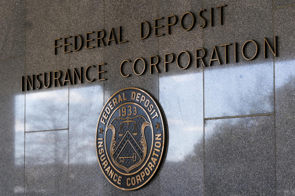 FILE - The Federal Deposit Insurance Corporation (FDIC) seal is seen outside its headquarters, on March 14, 2023, in Washington.  Regulators shut down Republic First Bank, a regional bank with operations in Pennsylvania, New Jersey and New York.  The Federal Deposit Insurance Corporation (FDIC) said on Friday, April 26, 2024, that it had seized the Philadelphia-based bank, which had nearly $6 billion in assets and $4 billion in deposits as of January 31.  (AP Photo/Manuel Balce Ceneta, File)