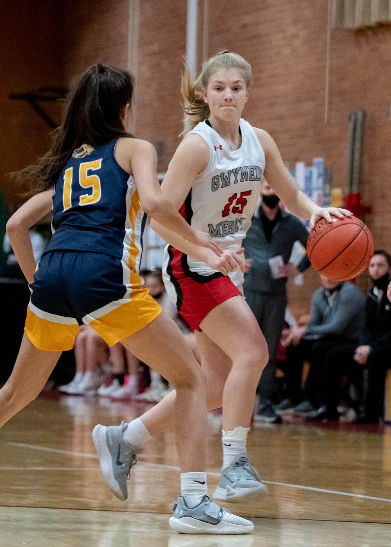 Gwynedd Mercy's Hannah Griffin dribbles while guarded by New Hope-Solebury's Izzy Elizondo in Tuesday's District One Class 4A semifinal game.