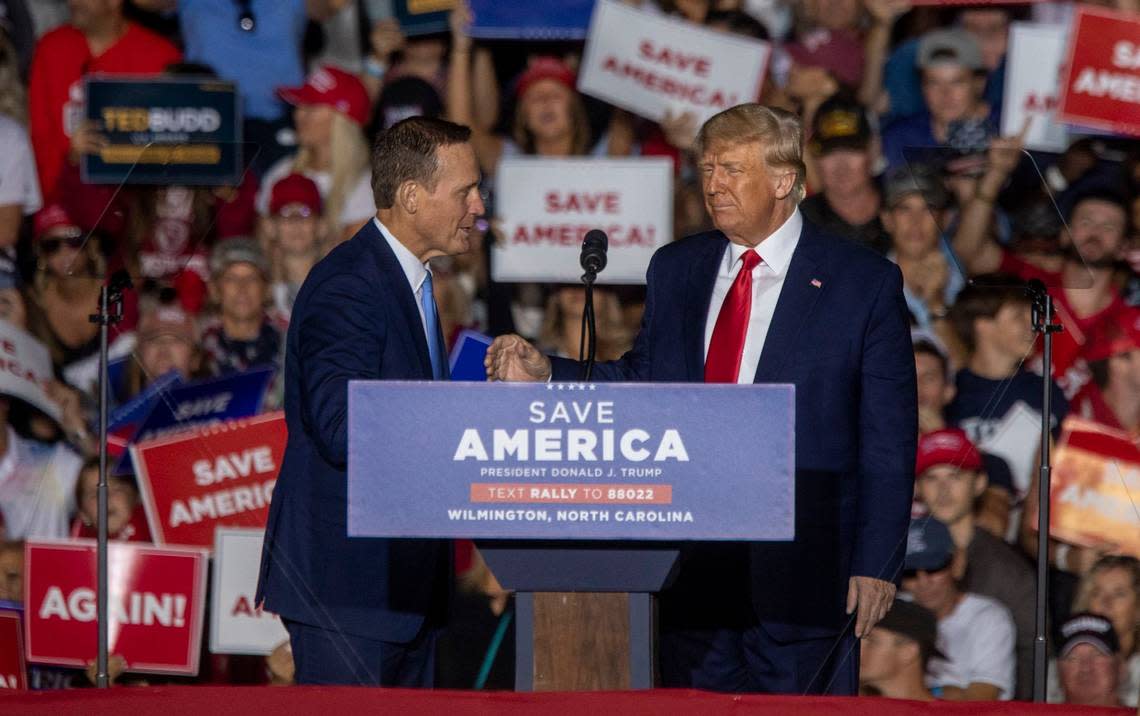 Former president Donald Trump endorses District 13 U.S. Rep. and U.S. Senate candidate Ted Budd during a rally at Wilmington International Airport Friday, Sept. 23, 2023.