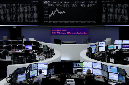 The German share price index, DAX board, is seen at the stock exchange in Frankfurt, Germany, March 13, 2018. REUTERS/Staff/Remote