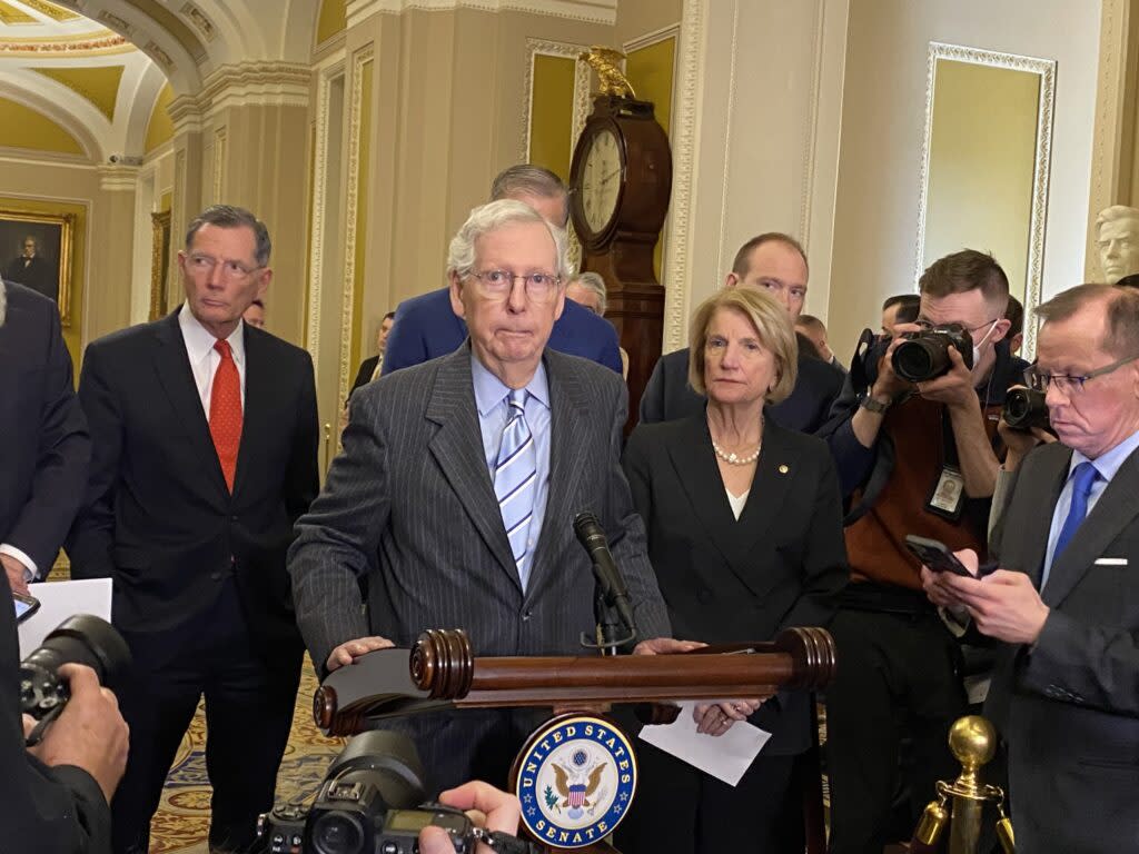 Senate Republican Leader Mitch McConnell, of Kentucky, speaks during a press conference inside the U.S. Capitol building on Wednesday, March 20, 2024. (Photo by Jennifer Shutt/States Newsroom)