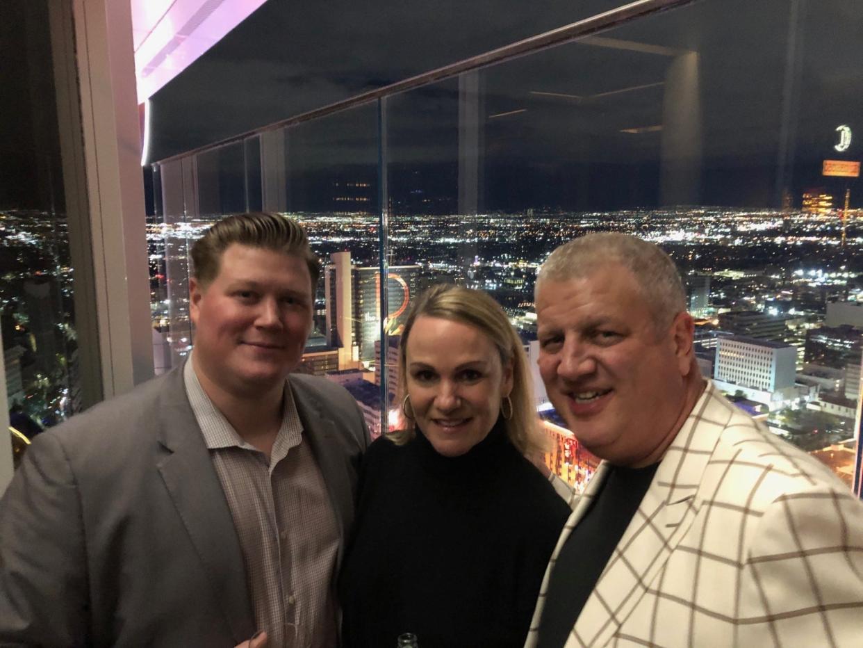 (From left) Chris Wilberding, Nicole Parthum and Derek Stevens atop the Legacy Club at Circa casino, with the D Casino in the background on Wednesday, Feb. 7, 2024, in Las Vegas.