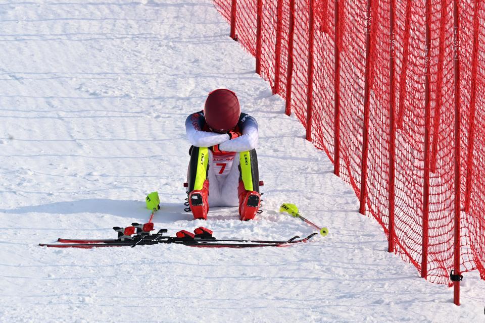 Mikaela Shiffrin of the United States reacts during the alpine skiing women's slalom at the National Alpine Skiing Centre in Yanqing District, Beijing, capital of China, Feb. 8, 2022. (Photo by Zhang Chenlin/Xinhua via Getty Images)