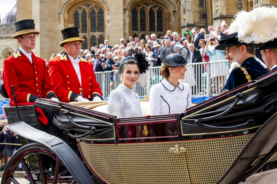 WINDSOR, ENGLAND - JUNE 17: King Felipe of Spain, Queen Letizia of Spain, Prince William, Duke of Cambridge and Catherine Duchess of Cambridge  attends the Order of the Garter Service at St George's Chapel in Windsor Castle on June 17, 2019 in Windsor, England. The Order of the Garter is the senior and oldest British Order of Chivalry, founded by Edward III in 1348. The Garter ceremonial dates from 1948, when formal installation was revived by King George VI for the first time since 1805. at St George's Chapel on June 17, 2019 in Windsor, England. (Photo by Patrick van Katwijk/Getty Images)