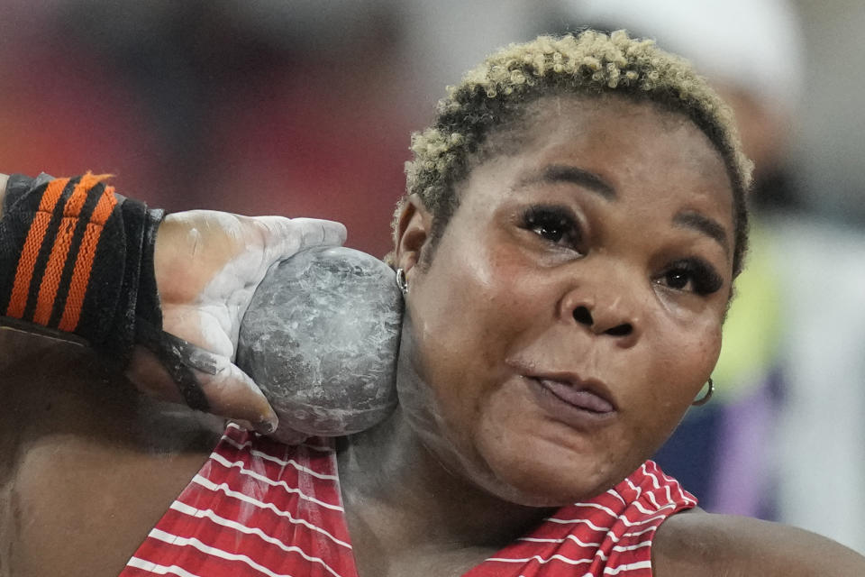 Bahrain's Noora Salem Jasim competes during the women's shot put final at the 19th Asian Games in Hangzhou, China, Friday, Sept. 29, 2023. (AP Photo/Lee Jin-man)