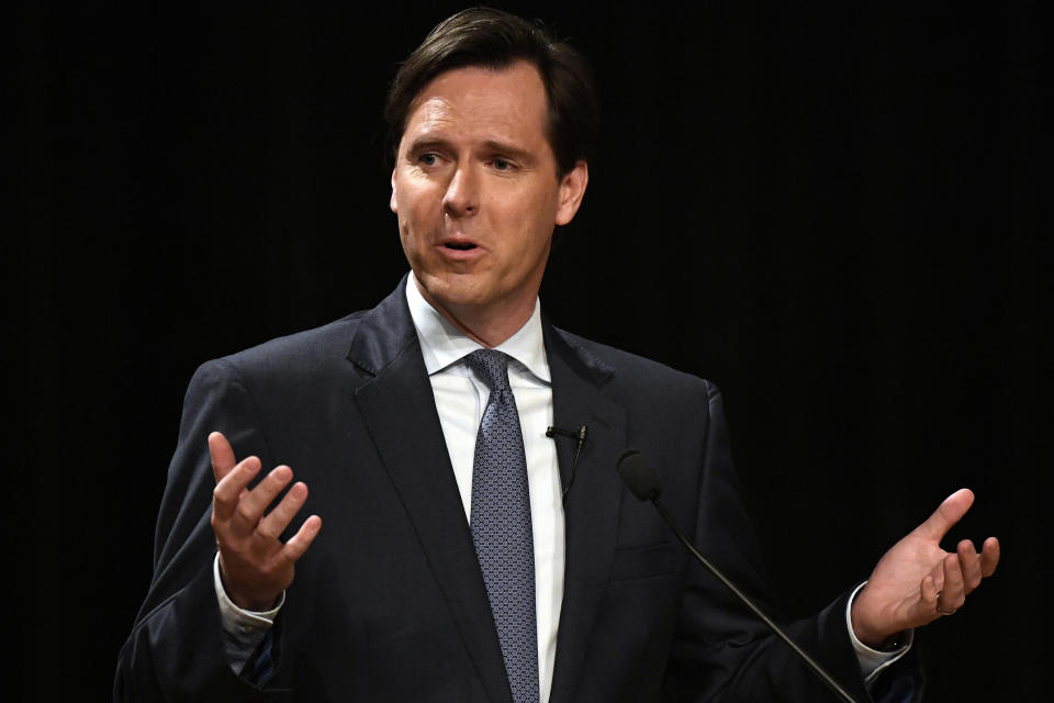 FILE - In this Wednesday, April 24, 2019, file photo, former state Auditor Adam Edelen, a Democratic candidate for Kentucky governor, responds during a debate at Transylvania University in Lexington, Ky. A well-funded group backing Edelen shook up Kentucky's Democratic gubernatorial primary on Thursday, May 16, running a short-lived TV ad denouncing rival Andy Beshear's private legal work for the Boy Scouts of America in a sexual abuse case years ago. (AP Photo/Timothy D. Easley, File)