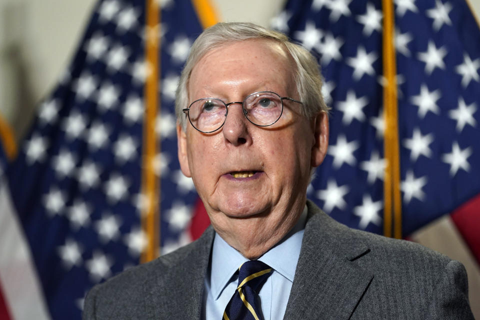 Senate Minority Leader Mitch McConnell of Ky., speaks during a news conference following a Republican policy luncheon on Capitol Hill in Washington, Tuesday, Jan. 26, 2021. (AP Photo/Susan Walsh)