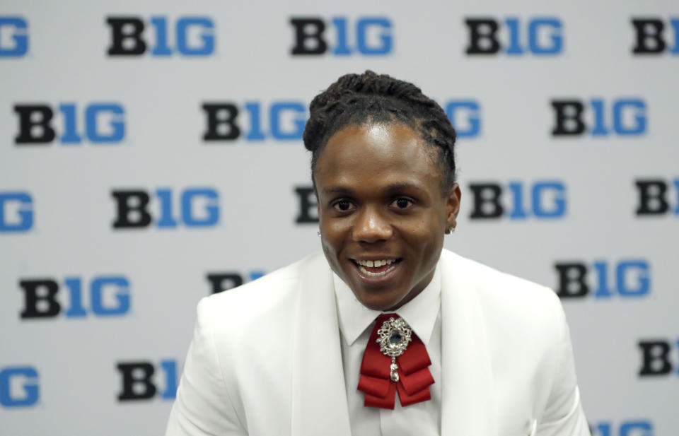 Maryland running back Anthony McFarland Jr., smiles as he answers a question during the Big Ten Conference NCAA college football media days Thursday, July 18, 2019, in Chicago. (AP Photo/Charles Rex Arbogast)
