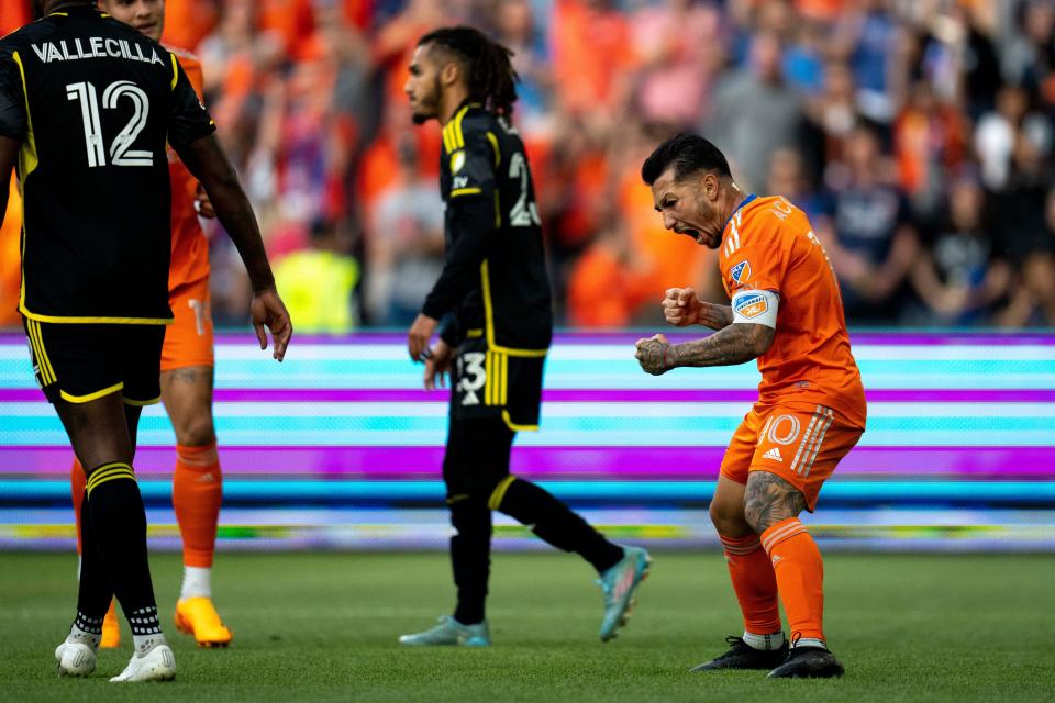 FC Cincinnati midfielder Luciano Acosta (10) celebrates after scoring a goal in the first half of FC Cincinnati and Columbus Crew play at TQL Stadium in Cincinnati on Saturday, May 20, 2023.