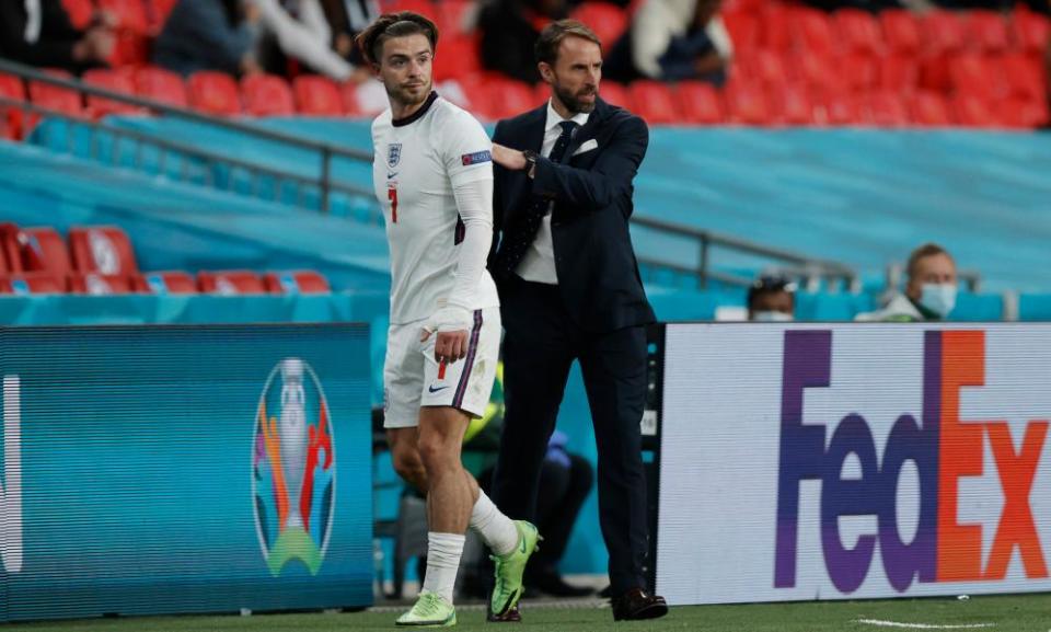 Jack Grealish with Gareth Southgate, who had concerns about the player’s defensive work and used him sparingly at Euro 2020.