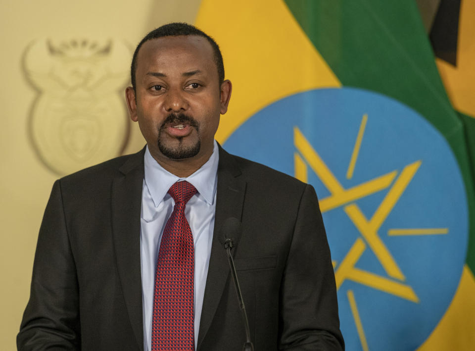 Ethiopia's Prime Minister Abiy Ahmed speaks during a joint media conference with South African President Cyril Ramaphosa after their talks at the Union Building in Pretoria, South Africa, Sunday, Jan. 12, 2020. (AP Photo/Themba Hadebe)