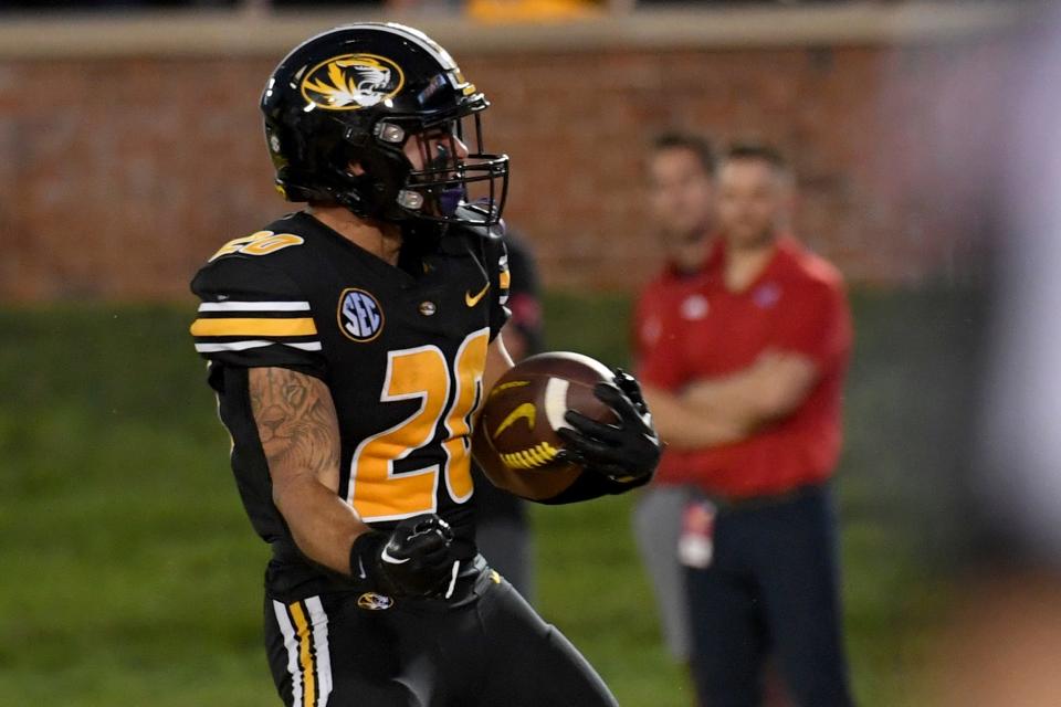 Missouri running back Cody Schrader scores during the first half of an NCAA college football game against Louisiana Tech Thursday, Sept. 1, in Columbia, Mo.