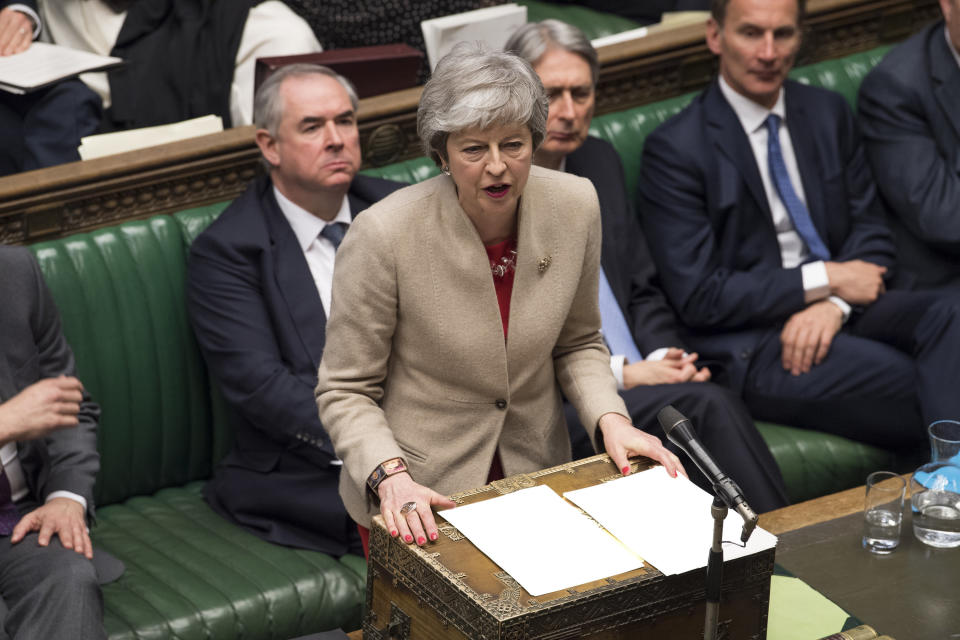 Britain&#39;s Prime Minister Theresa May speaks to lawmakers in the House of Commons, London, Friday March 29, 2019. U.K. lawmakers on Friday rejected the government&#39;s Brexit divorce deal with the European Union for a third time. (Mark Duffy/House of Commons via AP)