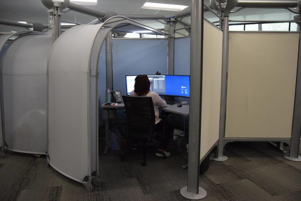 A registered nurse with St. Luke’s Health System works from its virtual-care center in downtown Boise.