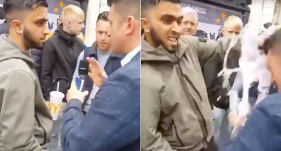 Tommy Robinson, also known as Stephen Yaxley-Lennon, has a McDonald's milkshake thrown at him during campaigning ahead of the European elections.