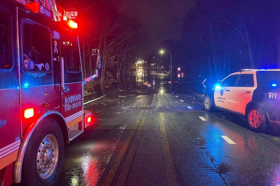 <p>Norwood Fire Department/Facebook</p> Driver rescued From Massachusetts floodwaters