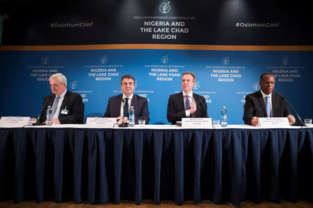 (L-R) UN Emergency Relief Coordinator Stephen O'Brien, Germany's Minister of Foreign Affairs Sigmar Gabriel, Norway's Minister of Foreign Affairs Borge Brende, and Nigeria's Minister of Foreign Affairs Geoffrey Onyeama attend a press conference at the Oslo Humanitarian Conference on Nigeria and the Lake Chad Region in Oslo, Norway February 24, 2017. NTB Scanpix/Haakon Mosvold Larsen/via REUTERS