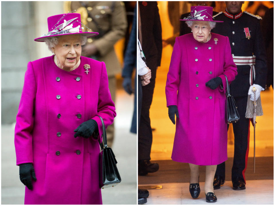 Queen Elizabeth II wore a magenta-pink Stewart Parvin double-breasted cashmere coat on Wednesday. <em>(Photos: Splash/Zak Hussein)</em>