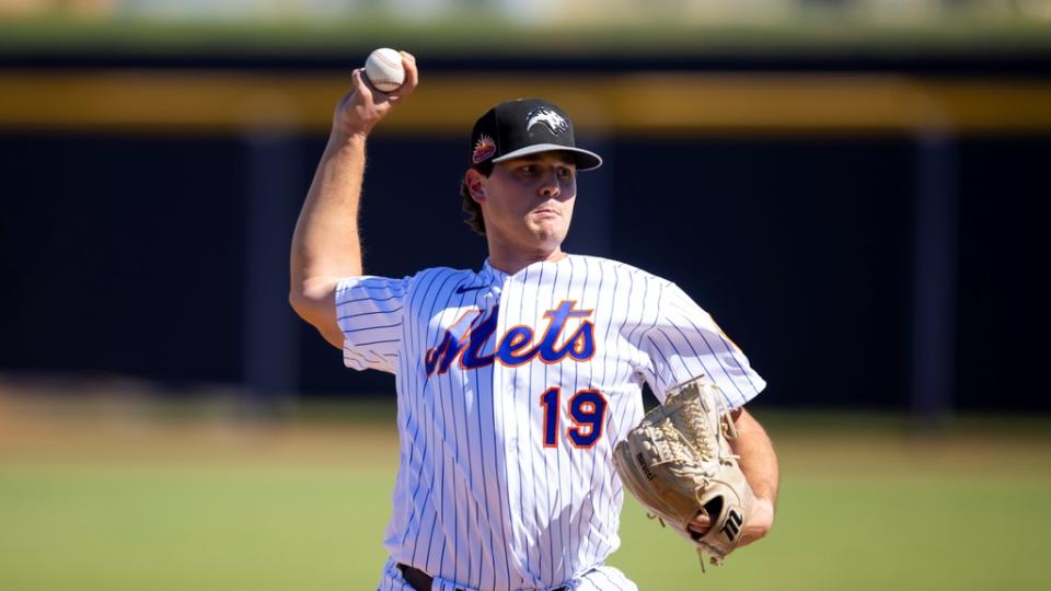 Oct 7, 2022; Peoria, Arizona, USA; New York Mets pitcher Mike Vasil plays for the Peoria Javelinas during an Arizona Fall League baseball game at Peoria Sports Complex. Mandatory Credit: Mark J. Rebilas-USA TODAY Sports