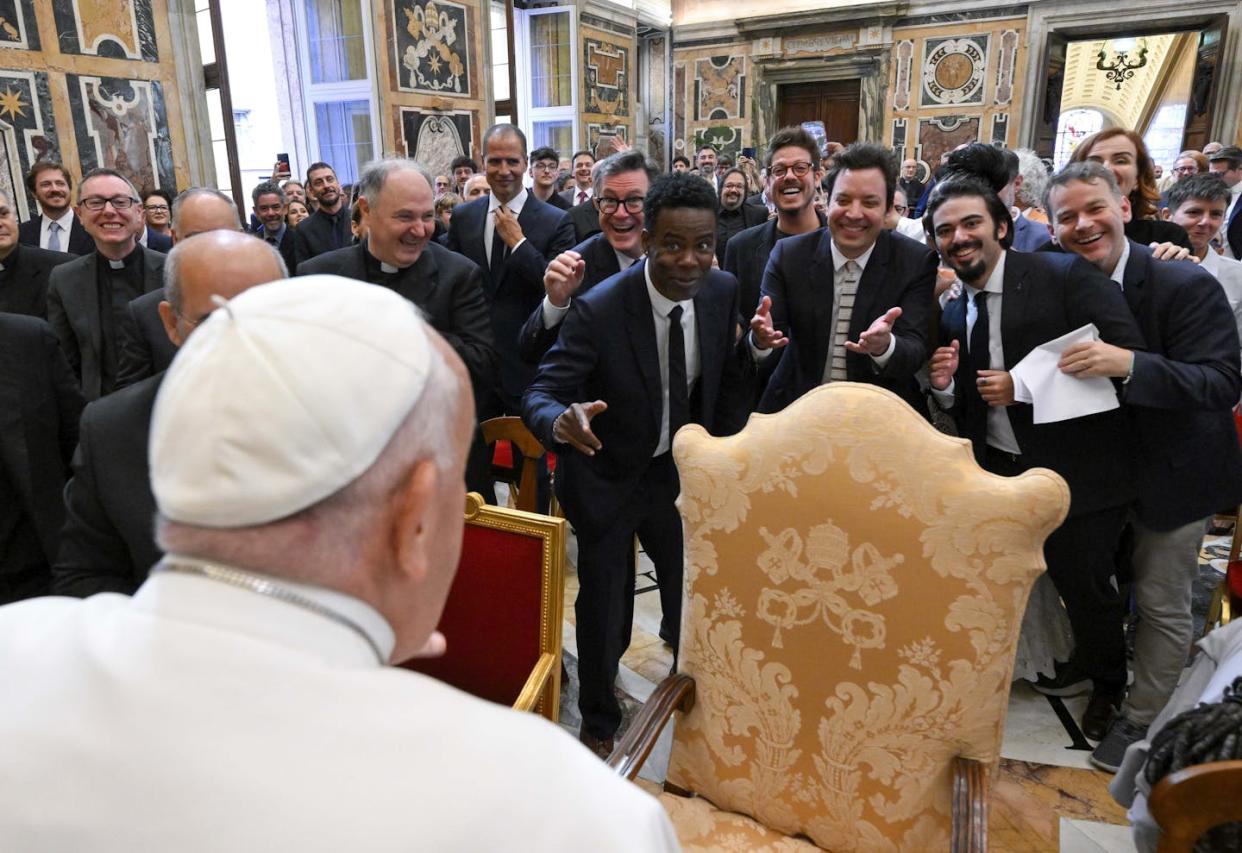 Pope Francis meets with comedians at the Apostolic Palace on June 14, 2024, in Vatican City. <a href="https://www.gettyimages.com/detail/news-photo/pope-francis-meets-with-artists-from-the-world-of-humour-at-news-photo/2157543012?searchscope=image%2Cfilm&adppopup=true" rel="nofollow noopener" target="_blank" data-ylk="slk:Vatican Media via Vatican Pool/Getty Image;elm:context_link;itc:0;sec:content-canvas" class="link ">Vatican Media via Vatican Pool/Getty Image</a>