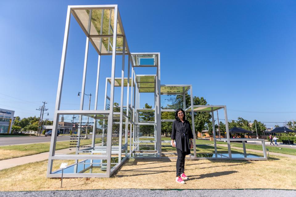 Eva Schlegel is pictured on Aug. 31 with her public sculpture "Multiple Voices" at Campbell Art Park outside Oklahoma Contemporary Arts Center in Oklahoma City.