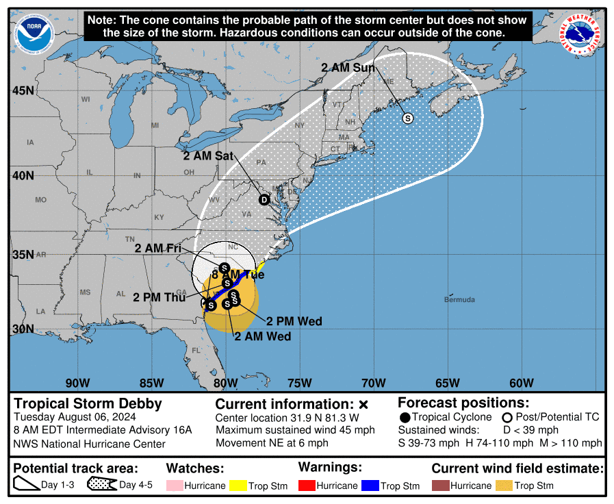 The predicted path of Tropical Storm Debby as of 8 a.m. Aug. 6.