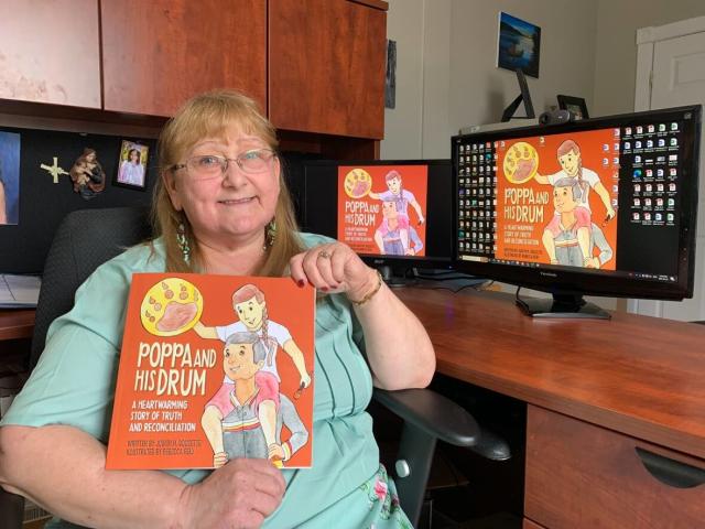 Judy Doucette Falle of St. George&#39;s is the author of Poppa and His Drum, A Heartwarming Story of Truth and Reconciliation. (Bernice Hillier/CBC - image credit)