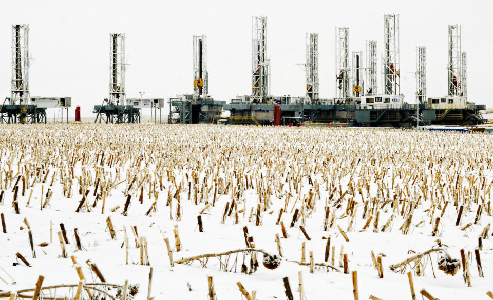 Sunflower stalks punctuate the snow in a field near dormant oil drilling rigs that have been stacked in Dickinson, North Dakota. (Photo: Andrew Cullen/Reuters)