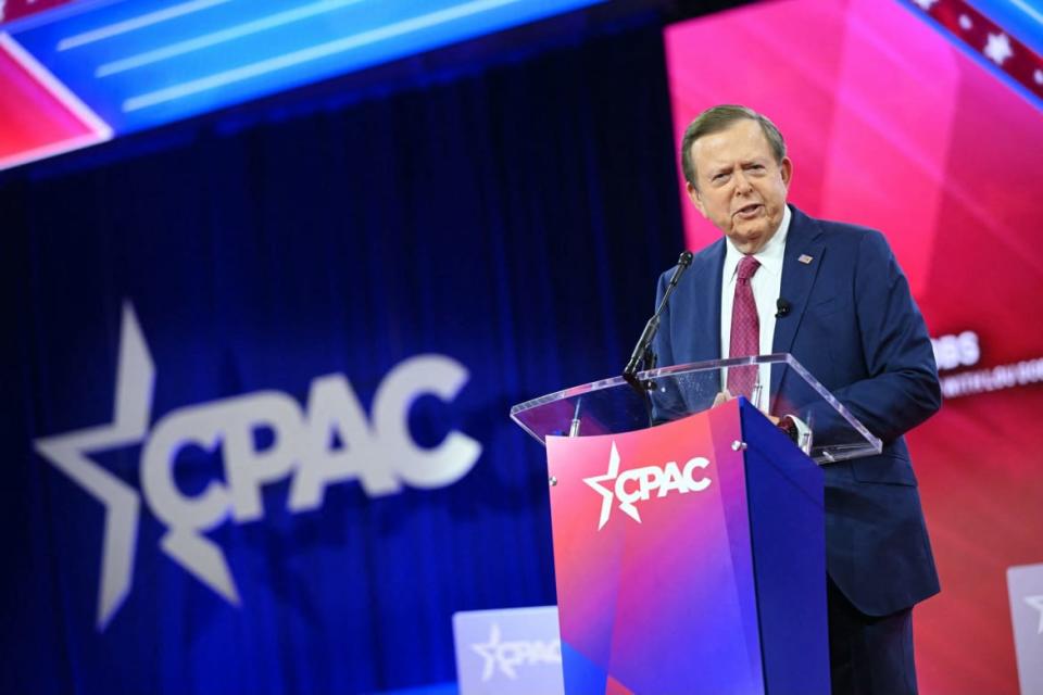Lou Dobbs speaks during the annual Conservative Political Action Conference (CPAC) meeting on February 24, 2024, in National Harbor, Maryland.