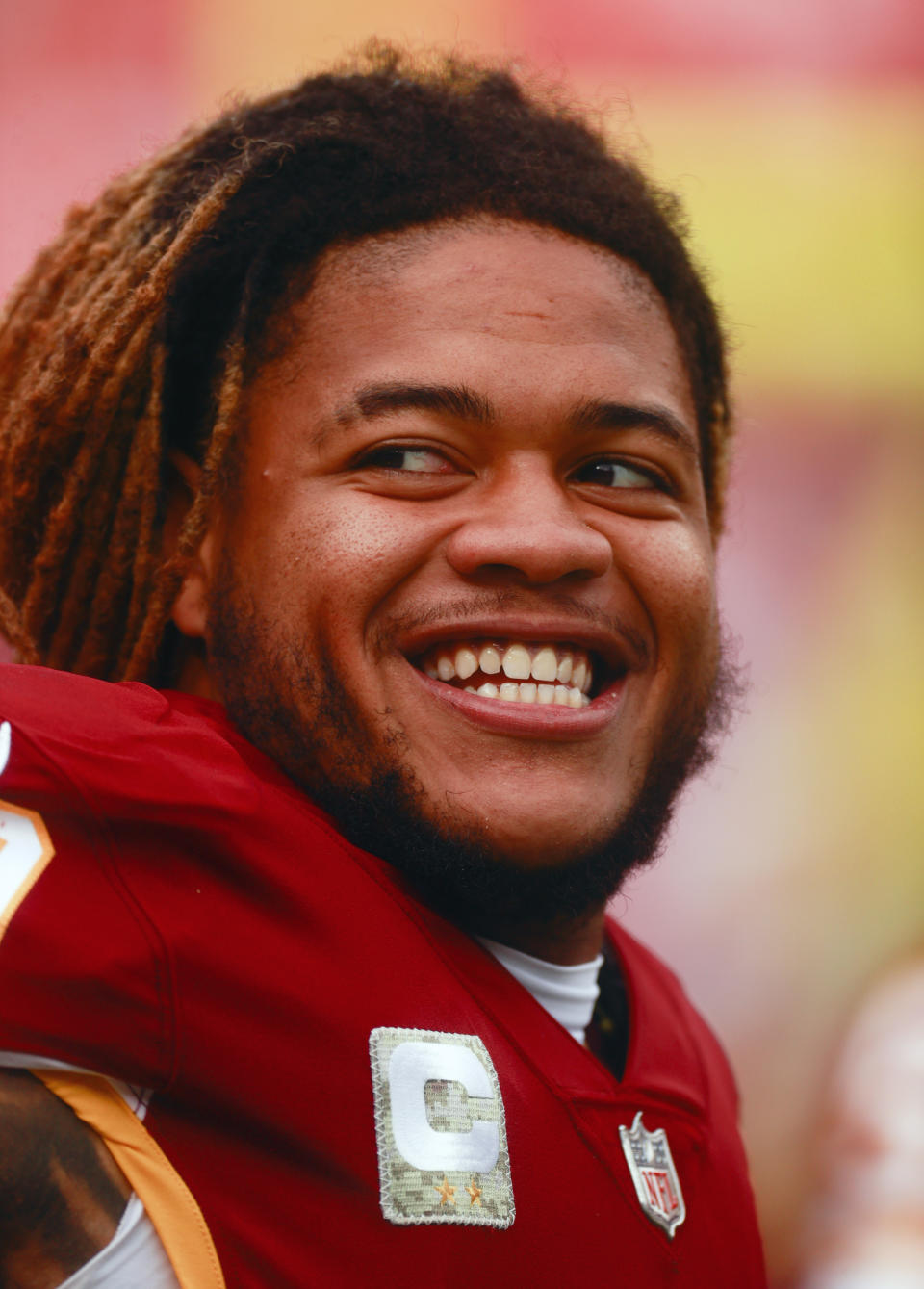 Washington Football Team defensive end Chase Young smiles before an NFL football game against the Tampa Bay Buccaneers, Sunday, Nov. 14, 2021, in Landover, Md. (Shaban Athuman/Richmond Times-Dispatch via AP)