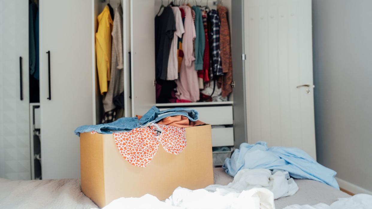  An open closet with a carboard box for old clothes 