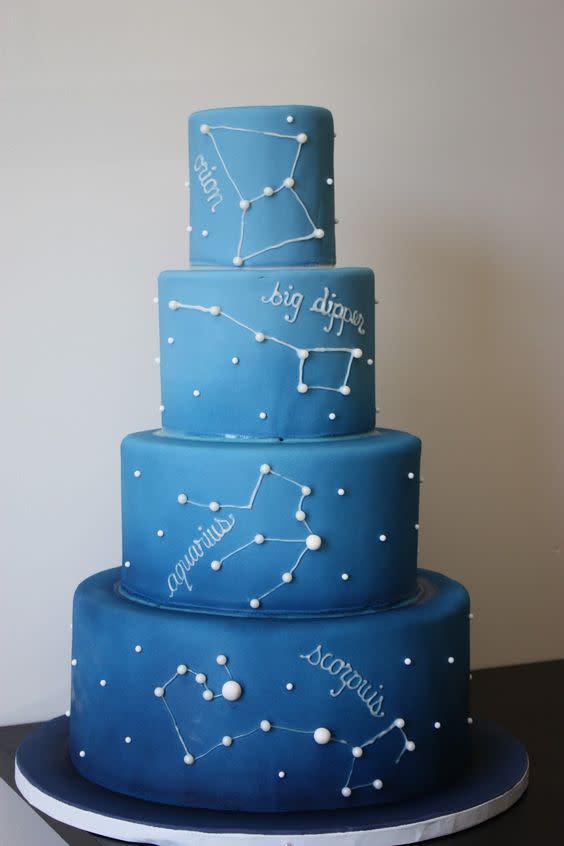 <p>This impressive 4 tiered cake of a taurus constellation is all a bit too science-ey for us. Luckily, thanks to The Big Bang theory we do now have a bit more a idea what a Big Dipper is. This cake took brains and baking. <i><a href="https://uk.pinterest.com/pin/521643569319751734/" rel="nofollow noopener" target="_blank" data-ylk="slk:[Photo: Pinterest];elm:context_link;itc:0;sec:content-canvas" class="link ">[Photo: Pinterest]</a></i></p>