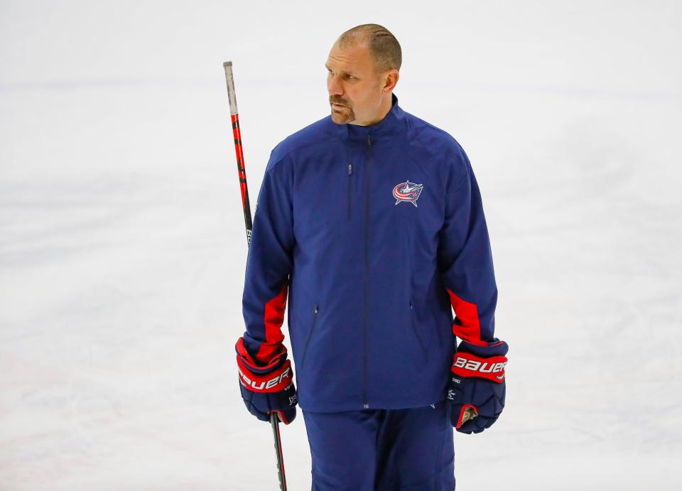 Head coach Brad Larsen watches his players during the Columbus Blue Jackets development camp at the OhioHealth Ice Haus in Columbus on Tuesday, Sept. 14, 2021. 