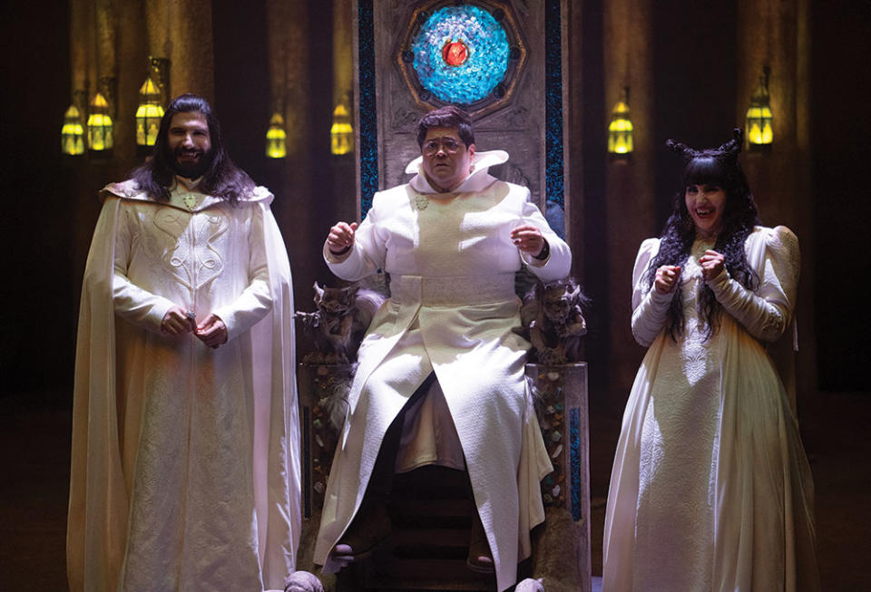 What We Do in the Shadows (FX) From left: Kayvan Novak, Harvey Guillén and Natasia Demetriou in season three’s “The Chamber of Judgement.” - Credit: Russ Martin: FX