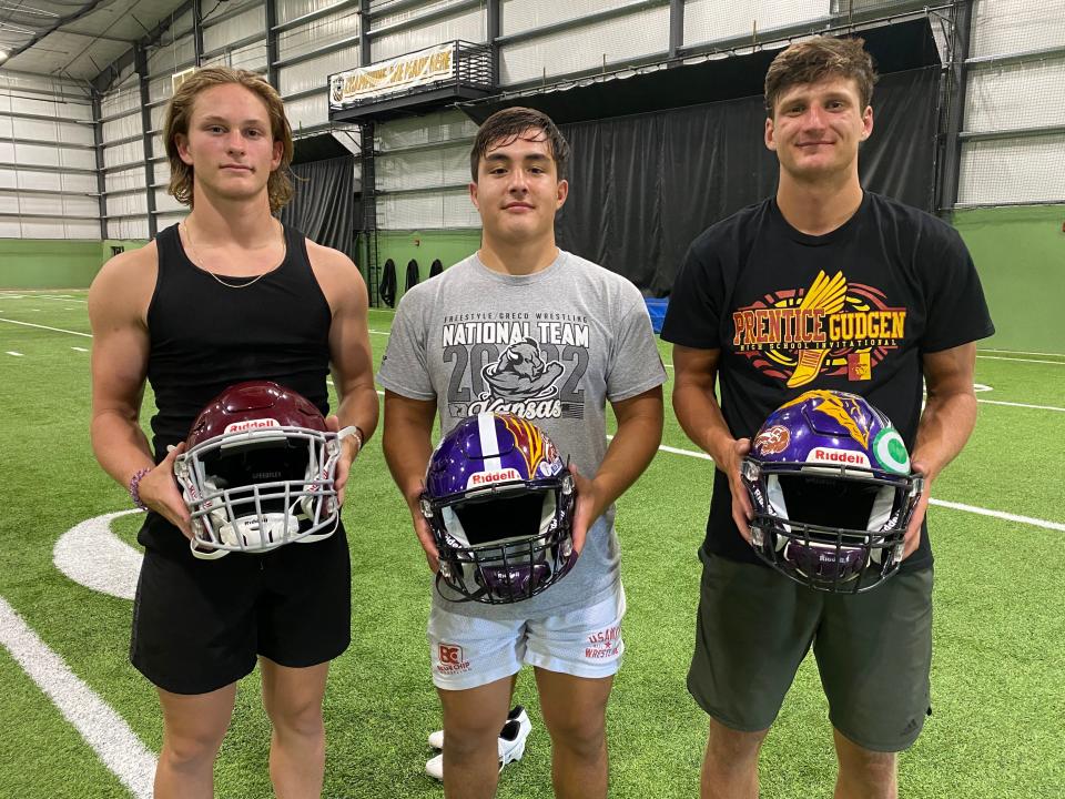 Three Saline County athletes will play in the 49th annual Kansas Shrine Bowl Saturday, July 23, 2022 at Carnie Smith Stadium in Pittsburg. From left to right: Jaxon Kolzow, Salina Central; Matthew Rodriguez, Southeast of Saline; Chase Poague, Southeast of Saline.