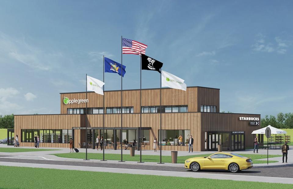 A rendering of a new New York State Thruway service area. This is the proposed construction for the service areas at Chittenango, Junius Ponds and Indian Castle, which are slated to be completed in March 2022.