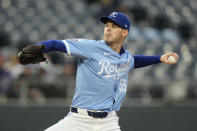 Kansas City Royals starting pitcher Cole Ragans throws during the first inning of a baseball game against the Toronto Blue Jays Thursday, April 25, 2024, in Kansas City, Mo. (AP Photo/Charlie Riedel)