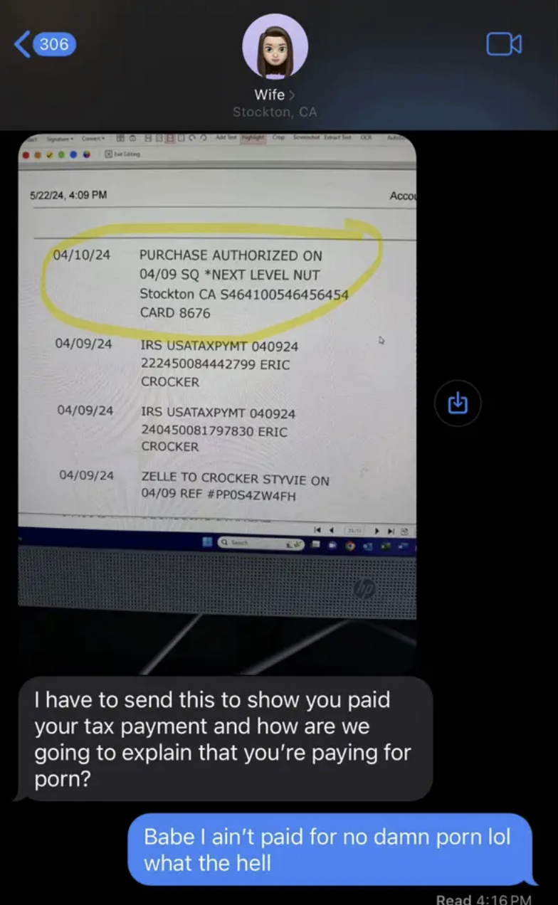 Text message screenshot showing a purchase authorization for "Next Level Nut" with a comment below saying, "Babe I ain't paid for no damn porn!"