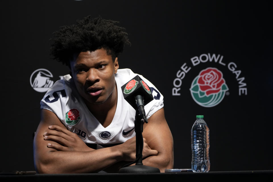 Penn State wide receiver Mitchell Tinsley (5) answers questions during media day ahead of the Rose Bowl NCAA college football game against Utah Saturday, Dec. 31, 2022, in Pasadena, Calif. (AP Photo/Marcio Jose Sanchez)