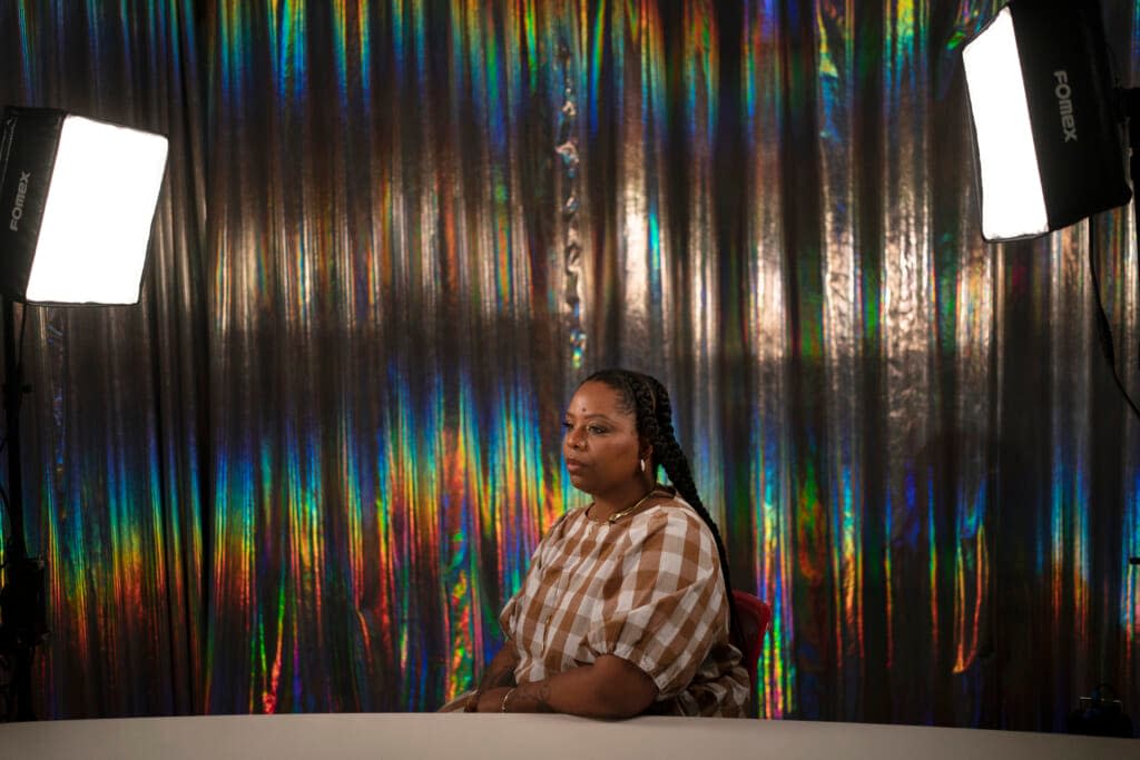 Black Lives Matter co-founder Patrisse Cullors sits for a photo after an interview with The Associated Press in Los Angeles, Wednesday, April 20, 2022. (AP Photo/Jae C. Hong)