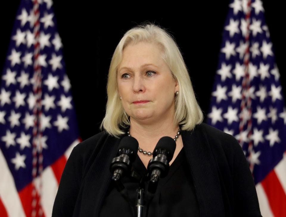 New York Sen. Kirsten Gillibrand cries while speaking at the Delavan Grider Community Center in Buffalo, N.Y. May 17, 2022. Gillibrand was speaking before President Joe Biden offered remarks. Biden visited Buffalo to visit the site of last Saturday's mass shooting and to meet with family members of the victims.